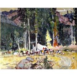 Warren Baumgartner (1894-1963). Gouache. "Montana Morning." Artist patched a section. 12" x 15". …