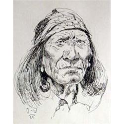 Olaf C. Wieghorst (1899-1988). Pen & ink. Indian portrait. 7.5" x 6.75". Estimate $1,500-$2,000.…