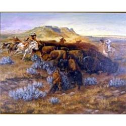 J.B. Yellow Robe. Oil on canvas. "Indian Hunting Buffalo." 16" x 20". Estimate $1,500-$2,000.…