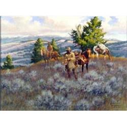Robert F. Morgan (b.1929). Oil on Canvas. "At Lemhi Trail."  Fine example. From Texas collection.…