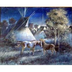 Robert F. Morgan (b.1929). Oil on canvas. Night Indian camp. 16" x 20". Estimate $3,000-$4,000.…
