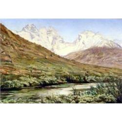 Belmore Browne (1880-1954). Oil on board.  Indian Summer, Rockies.  circa 1939. 18  x 26 . Estima…