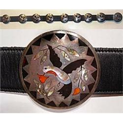 Fabulous Zuni Indian Silver Inlaid Concho Belt with hummingbird design. 9 conchos including buckl…