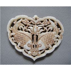 Old Jade Hand Carved Lotus Flower & Fish Pendant