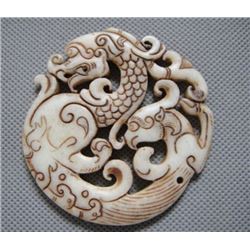 Old China Jade hand-carved Dragon & Phoenix Pendant