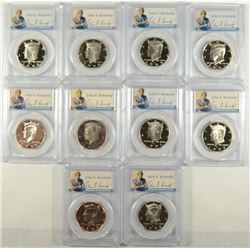 (10) SLABBED PROOF KENNEDY HALF DOLLARS PCGS PR-69 DCAM (1990, 1991, 1992, 1993,