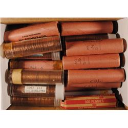 Box of Unc & BU Rolls of Lincoln Cents 1959-1960's. 50 Rolls. Various Dates.