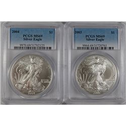 2003 & 2004 AMERICAN SILVER EAGLES, PCGS MS-69