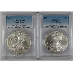 2004 & 2005 AMERICAN SILVER EAGLES, PCGS MS-69
