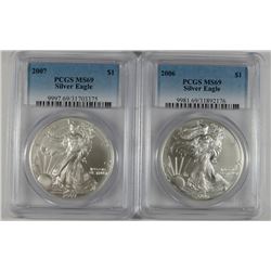 2006 & 2007 AMERICAN SILVER EAGLES, PCGS MS-69