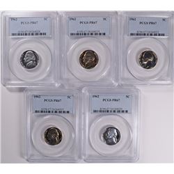 LOT OF ( 5 ) 1962 JEFFERSON NICKELS, PCGS PROOF-67