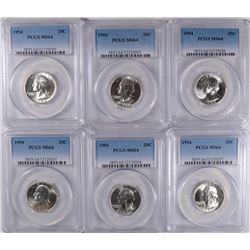 ( 6 ) 1954 WASHINGTON QUARTERS, PCGS MS-64