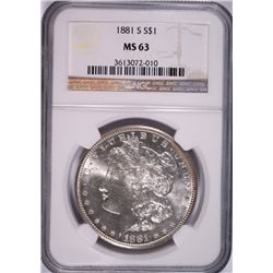 1881-S MORGAN SILVER DOLLAR, NGC MS-63