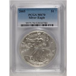 2005 AMERICAN SILVER EAGLE, PCGS MS-70 RARE LISTS IN PCGS PRICE GUIDE AT $700.00