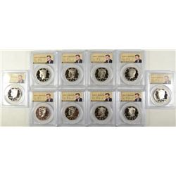 (10) SLABBED PROOF KENNEDY HALF DOLLARS PCGS PR-69 DCAM (1990, 1991, 1992, 1993,