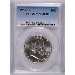 1958-D FRANKLIN HALF DOLLAR, PCGS MS-64 FBL