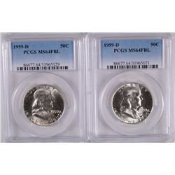 ( 2 ) 1959-D FRANKLIN HALF DOLLARS, PCGS MS-64 FBL