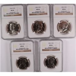 ( 5 ) 1986-D KENNEDY HALF DOLLARS, NGC MS-66