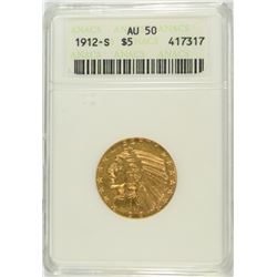 1912-S $5 GOLD INDIAN ANACS AU-50