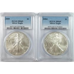 2004 & 2005 AMERICAN SILVER EAGLES, PCGS MS-69