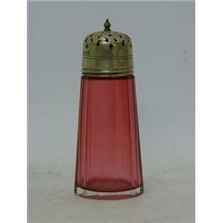 A RUBY GLASS SUGAR CASTOR, EPNS cover, height 15cm  £20-30...