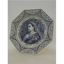 A MINTONS ROYAL COMMEMORATIVE PLATE, 1887, octagonal, blue transfer of Queen Victoria, length 25c...