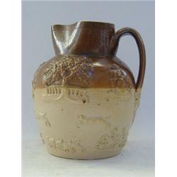 A SALT GLAZED STONEWARE PITCHER, 19th Century, sprigged hunting subjects, height 22cm and a blue ...