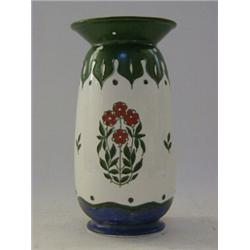 A MINTONS SECESSIONIST BALUSTER VASE, c.1900, tube-lined stylized flowers in green and red on a w...