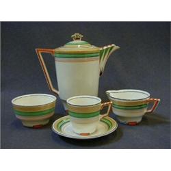 A ROYAL VENTON WARE ART DECO COFFEE SET, angular handles, chevron and concentric lines in orange,...
