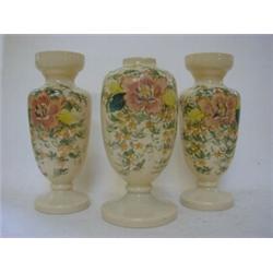 A GARNITURE OF THREE IVORY OPALINE VASES, c.1880, over-enamel floral decoration, height of talles...