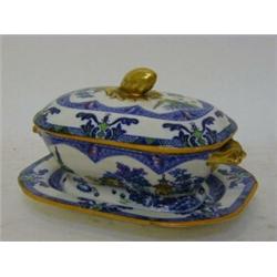 A COPELAND SPODE SAUCE BOAT ON STAND, c.1900, polychrome and blue transfer 'Landscape' pattern, g...