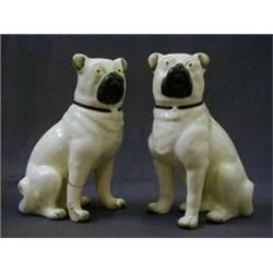 A PAIR OF STAFFORDSHIRE BULL TERRIERS, c.1890, white, black muzzles and painted eyes, (one with d...