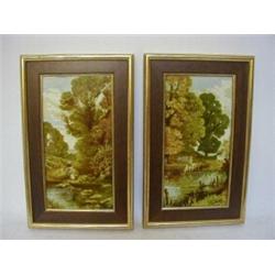 A PAIR OF MINTONS ART POTTERY TILES, early 20th Century, transfer printed and enamelled river sce...