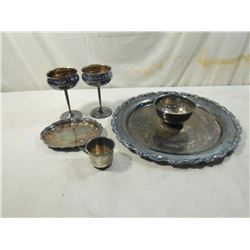 LOT 5 VINTAGE SILVERPLATED TRAY, CUPS, GLASSES