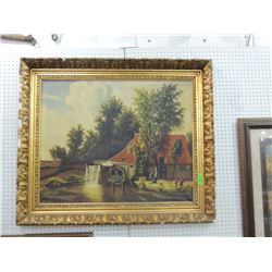 47X40 LARGE VINTAGE WATERMILL PAINTING ORNATE FRAM