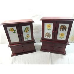 LOT 2 WOODEN DOLL CABINET, WARDROBE, JEWELRY BOX