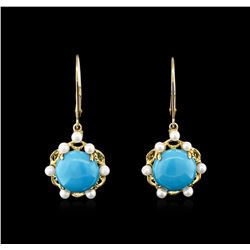 10KT Yellow Gold 5.55ctw Turquoise and Pearl Earrings