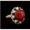 Image 2 : 14KT Rose Gold 6.40ct Red Coral, Sapphire and Diamond Ring