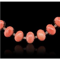 14KT Rose Gold 77.50ctw Coral and Diamond Necklace