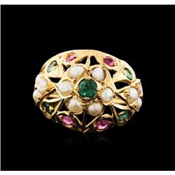 14KT Yellow Gold 0.50ctw Emerald, Ruby and Pearl Ring