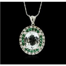 14KT White Gold 9.09ct Aquamarine, Emerald and Diamond Pendant With Chain