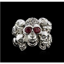 0.78ctw Ruby and Diamond Skull Ring - 18KT White Gold