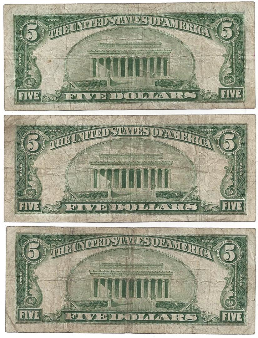 1953 $5 Bill Currency Lot of 3