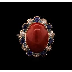 6.43ct Coral, Sapphire and Diamond Ring - 14KT Rose Gold