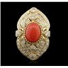 Image 1 : 14KT Yellow Gold 4.40ct Coral and Diamond Ring