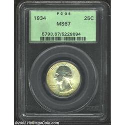 1934 25C MS67 PCGS. Warm golden-tan patina overlays both sides and appears to lighten more or less t