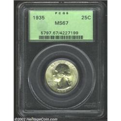 1935 25C MS67 PCGS. Sprays of delicate golden-tan iridescence drift over intensely lustrous features