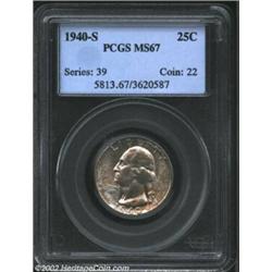 1940-S 25C MS67 PCGS. The otherwise lilac tinged surfaces display blushes of apricot-champagne iride