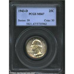 1943-D 25C MS67 PCGS. Thin halos of crimson, cobalt, and russet iridescence cling to the borders of.