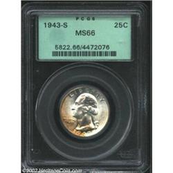 1943-S 25C MS66 PCGS. The richly frosted surfaces are splashed in vivid orange tinged iridescence wi